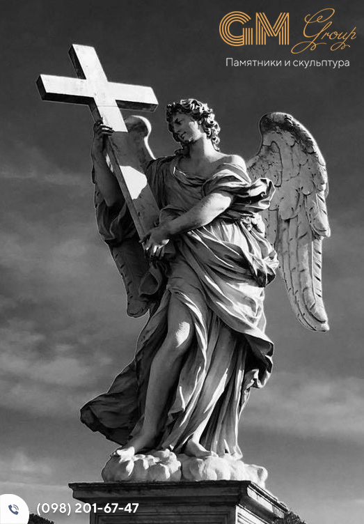мраморная скульптура ангела с крестом