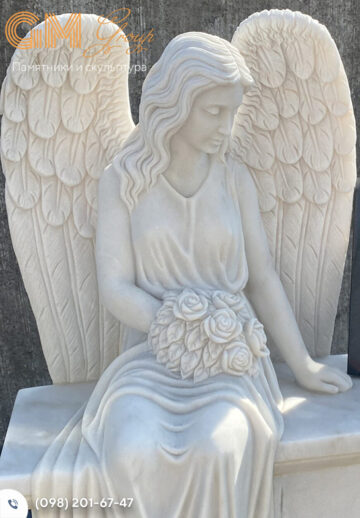Сучасний пам'ятник жінці з білого мармуру у формі скульптури янгола №9598