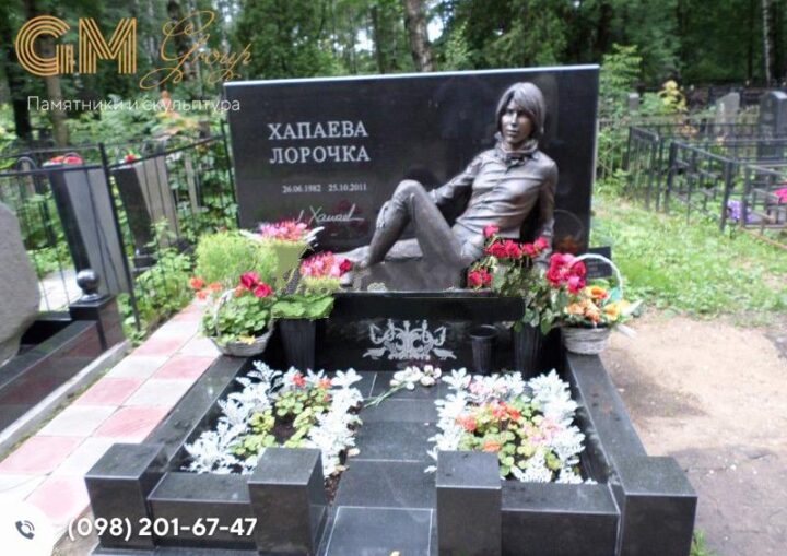 Надгробный памятник женщине из черного гранита и скульптурой из бронзы №7848