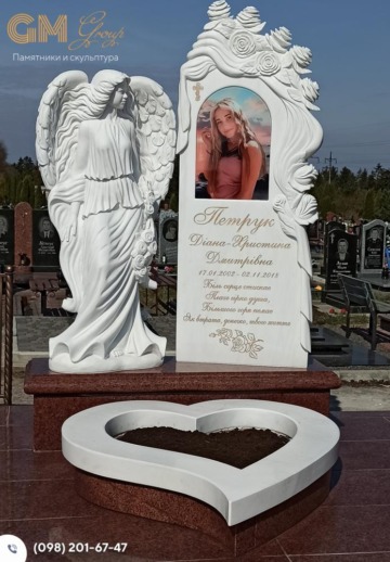 красивый памятник девушке со скульптурой ангела и цветным портретом №9649