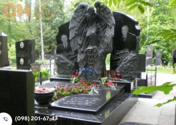 двойной памятник из гранита со скульптурой ангела №1219