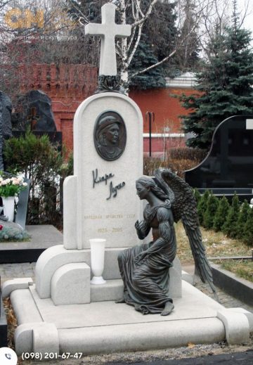 жіночий пам'ятник з мрмуру та бронзовою скульптурою янгола №1572
